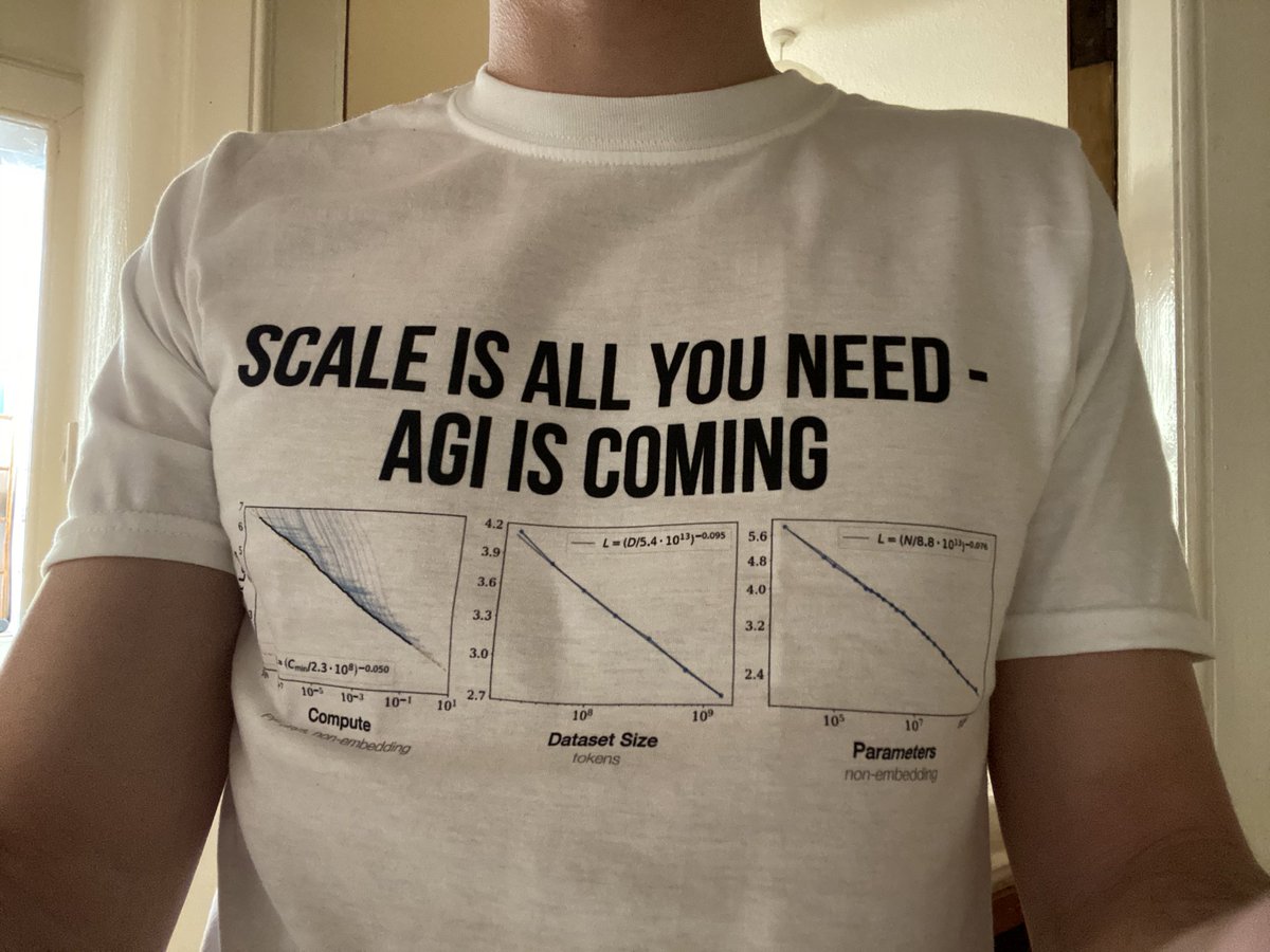 一個人穿著一件印有「SCALE IS ALL YOU NEED - AGI IS COMING」的 T 恤，上面有三張展示「AI 擴充套件定律」的圖表