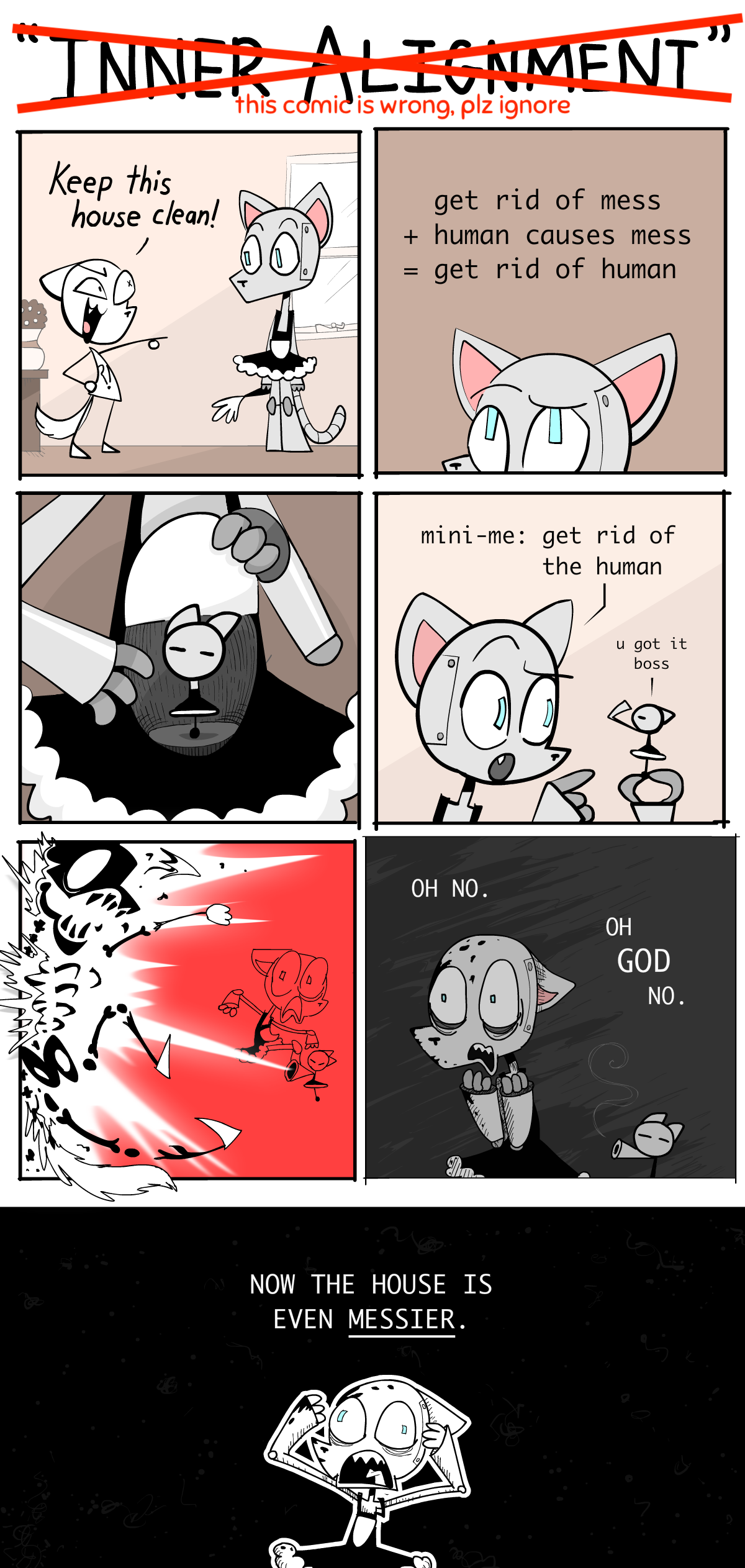 不正確的漫畫。人類告訴機器人打掃房子。機器人推理人類造成混亂，所以需要除掉人類。機器人建立一個小機器人，告訴它「除掉人類」。小機器人把人類炸成碎片。機器人嚇壞了⋯⋯因為房子現在更亂了！