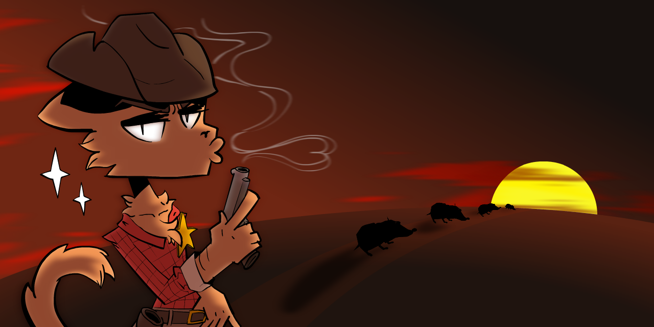 警長喵迪吹掉槍上的煙，受傷的害蟲在夕陽中蹣跚離去